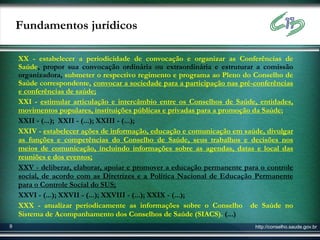 Fundamentos jurídicos

    XX - estabelecer a periodicidade de convocação e organizar as Conferências de
    Saúde, propor sua convocação ordinária ou extraordinária e estruturar a comissão
    organizadora, submeter o respectivo regimento e programa ao Pleno do Conselho de
    Saúde correspondente, convocar a sociedade para a participação nas pré-conferências
    e conferências de saúde;
    XXI - estimular articulação e intercâmbio entre os Conselhos de Saúde, entidades,
    movimentos populares, instituições públicas e privadas para a promoção da Saúde;
    XXII - (...); XXII - (...); XXIII - (...);
    XXIV - estabelecer ações de informação, educação e comunicação em saúde, divulgar
    as funções e competências do Conselho de Saúde, seus trabalhos e decisões nos
    meios de comunicação, incluindo informações sobre as agendas, datas e local das
    reuniões e dos eventos;
    XXV - deliberar, elaborar, apoiar e promover a educação permanente para o controle
    social, de acordo com as Diretrizes e a Política Nacional de Educação Permanente
    para o Controle Social do SUS;
    XXVI - (...); XXVII - (...); XXVIII - (...); XXIX - (...);
    XXX - atualizar periodicamente as informações sobre o Conselho de Saúde no
    Sistema de Acompanhamento dos Conselhos de Saúde (SIACS). (...)
9                                                                          http://conselho.saude.gov.br
 