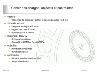 Cahier des charges, objectifs et contraintes

      vitesse
         • fréquence de passage ~20khz, temps de passage ~3.5 ms
      zone de lecture
         • longueur rectiligne >10 mm
         • largeur des bras 2.1 mm
         • épaisseur fixe > 10 mm
      matériau : Ti6Al4V
         • données fournisseur
         • Sigma02 = 828MPa, Rm=895MPa
      objectifs:
         • minimiser contraintes
         • minimiser masse
      contraintes
         • dimensionnelles (réutiliser bâti)
         • temps alloué court


NRCTech SA                                     www.nrctech.ch      30.01.2011   3
 