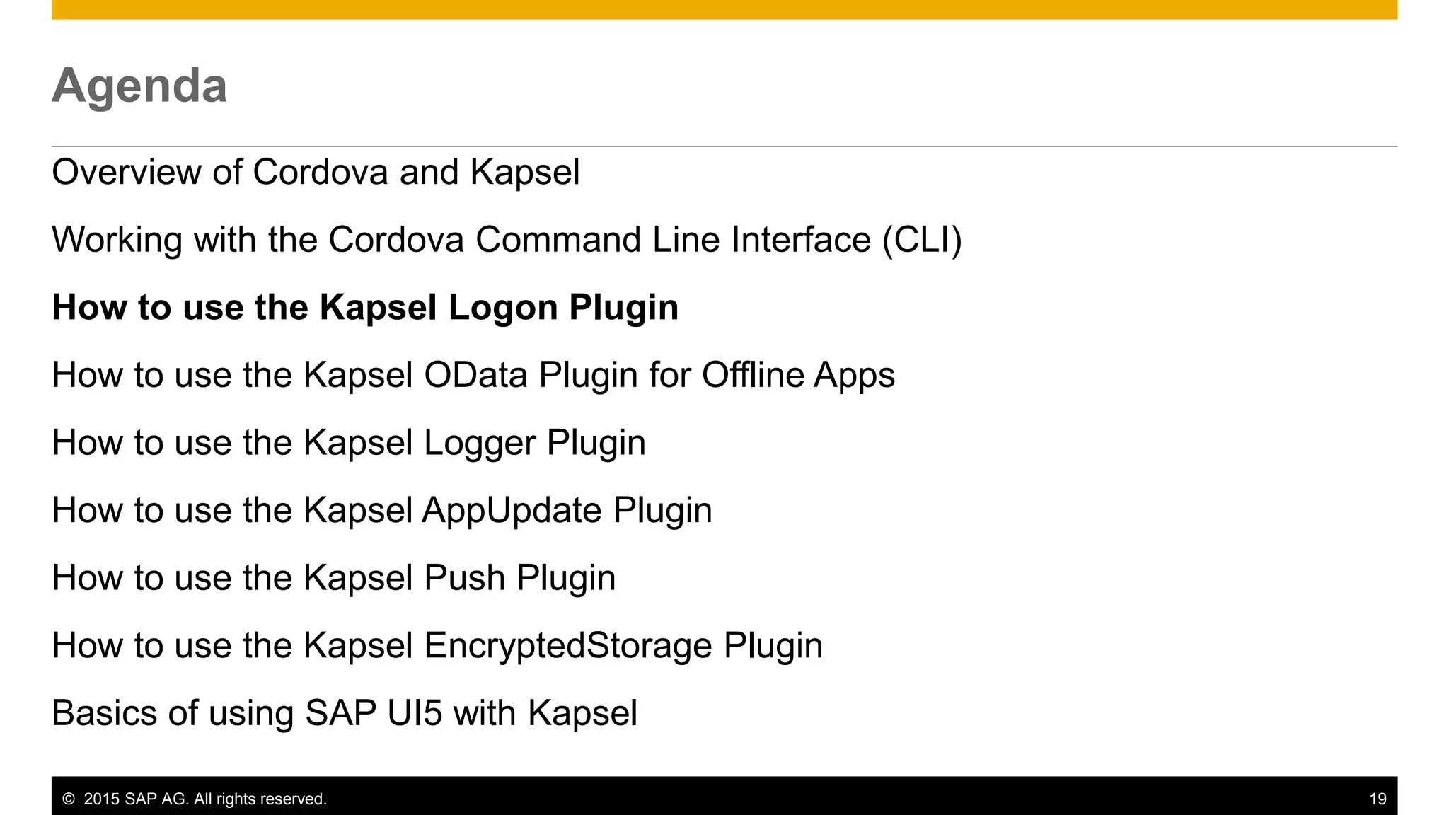 © 2015 SAP AG. All rights reserved. 19
Agenda
Overview of Cordova and Kapsel
Working with the Cordova Command Line Interface (CLI)
How to use the Kapsel Logon Plugin
How to use the Kapsel OData Plugin for Offline Apps
How to use the Kapsel Logger Plugin
How to use the Kapsel AppUpdate Plugin
How to use the Kapsel Push Plugin
How to use the Kapsel EncryptedStorage Plugin
Basics of using SAP UI5 with Kapsel
 