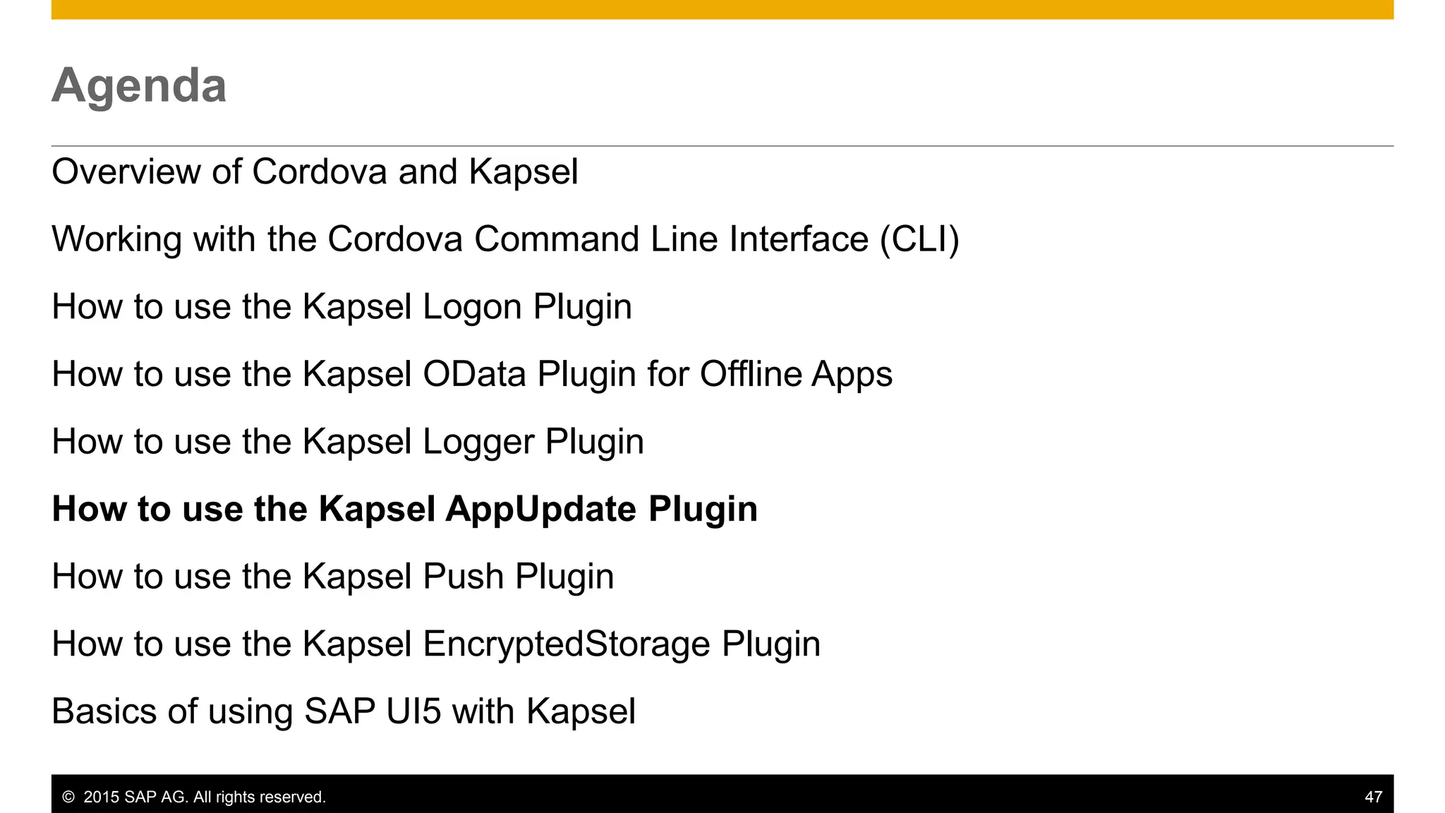 © 2015 SAP AG. All rights reserved. 47
Agenda
Overview of Cordova and Kapsel
Working with the Cordova Command Line Interface (CLI)
How to use the Kapsel Logon Plugin
How to use the Kapsel OData Plugin for Offline Apps
How to use the Kapsel Logger Plugin
How to use the Kapsel AppUpdate Plugin
How to use the Kapsel Push Plugin
How to use the Kapsel EncryptedStorage Plugin
Basics of using SAP UI5 with Kapsel
 