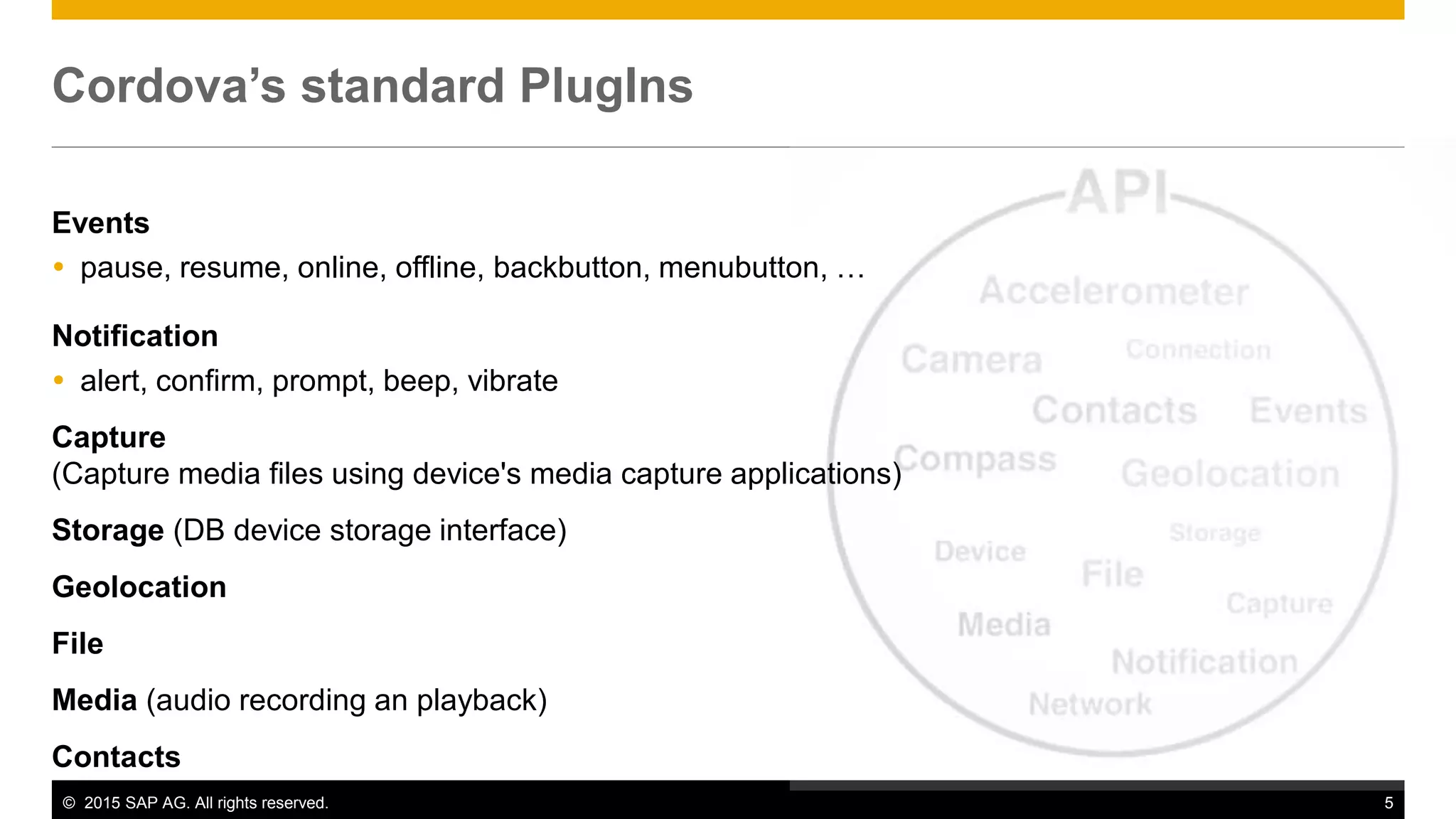 © 2015 SAP AG. All rights reserved. 5
Cordova’s standard PlugIns
Events
 pause, resume, online, offline, backbutton, menubutton, …
Notification
 alert, confirm, prompt, beep, vibrate
Capture
(Capture media files using device's media capture applications)
Storage (DB device storage interface)
Geolocation
File
Media (audio recording an playback)
Contacts
 