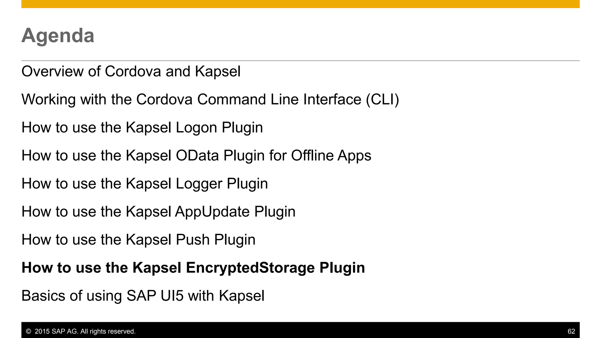 © 2015 SAP AG. All rights reserved. 62
Agenda
Overview of Cordova and Kapsel
Working with the Cordova Command Line Interface (CLI)
How to use the Kapsel Logon Plugin
How to use the Kapsel OData Plugin for Offline Apps
How to use the Kapsel Logger Plugin
How to use the Kapsel AppUpdate Plugin
How to use the Kapsel Push Plugin
How to use the Kapsel EncryptedStorage Plugin
Basics of using SAP UI5 with Kapsel
 