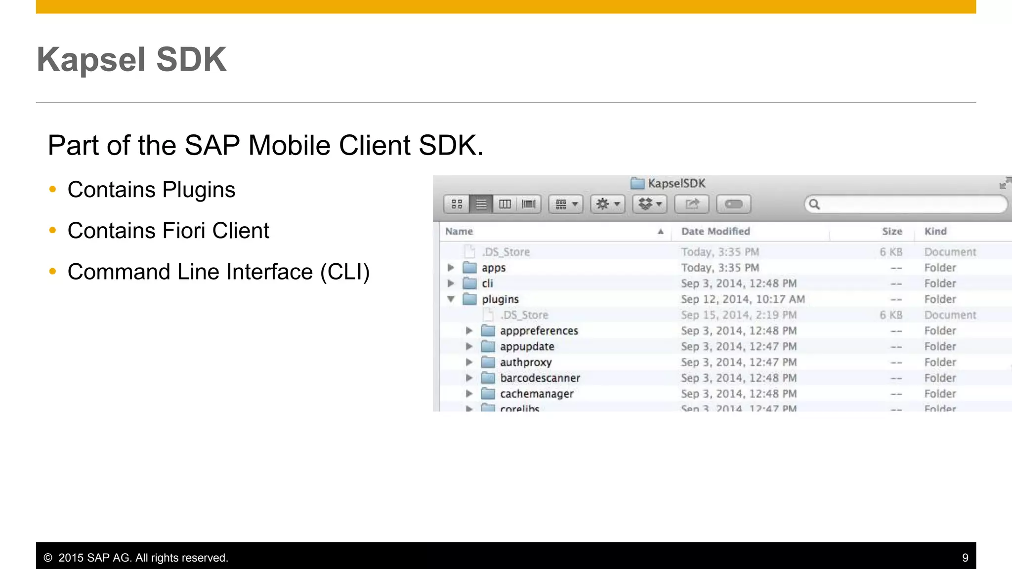 © 2015 SAP AG. All rights reserved. 9
Kapsel SDK
Part of the SAP Mobile Client SDK.
 Contains Plugins
 Contains Fiori Client
 Command Line Interface (CLI)
 