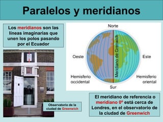 Paralelos y meridianos
Los meridianos son las
 líneas imaginarias que
unen los polos pasando
     por el Ecuador




                                        El meridiano de referencia o
                  Observatorio de la
                                         meridiano 0º está cerca de
                 ciudad de Greenwich   Londres, en el observatorio de
                                          la ciudad de Greenwich
 