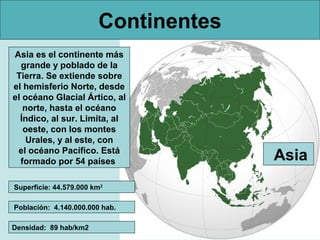 Continentes
Asia es el continente más
  grande y poblado de la
 Tierra. Se extiende sobre
el hemisferio Norte, desde
el océano Glacial Ártico, al
   norte, hasta el océano
  Índico, al sur. Limita, al
   oeste, con los montes
    Urales, y al este, con
 el océano Pacífico. Está
  formado por 54 países               Asia
Superficie: 44.579.000 km2

Población: 4.140.000.000 hab.

Densidad: 89 hab/km2
 