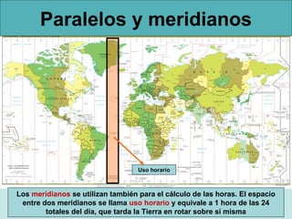 Paralelos y meridianos




                                   Uso horario



Los meridianos se utilizan también para el cá...