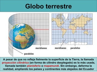 Globo terrestre

A pesar de que no refleja fielmente la superficie de la Tierra, la llamada
proyección cilíndrica (en forma de cilindro desplegado) es la más usada,
llamada también planisferio o mapamundi. Sin embargo, deforma la
realidad, ampliando los países y continentes más alejados del Ecuador

 