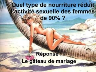 Quel type de nourriture réduit l’activité sexuelle des femmes de 90% ? Réponse : Le gâteau de mariage 