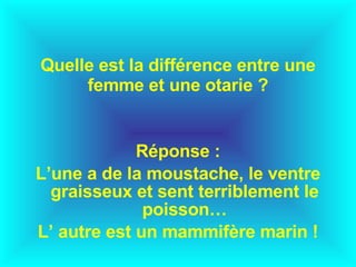 Quelle est la différence entre une femme et une otarie ? Réponse : L’une a de la moustache, le ventre graisseux et sent terriblement le poisson… L’ autre est un mammifère marin ! 