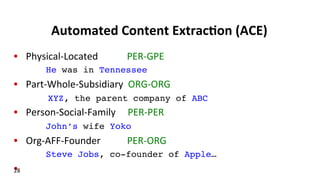 Automated	
  Content	
  Extrac$on	
  (ACE)	
  
•  Physical-­‐Located	
  	
  	
  	
  	
  	
  	
  	
  	
  	
  	
  	
  PER-­‐GPE	
  
!He was in Tennessee!
•  Part-­‐Whole-­‐Subsidiary	
  	
  ORG-­‐ORG	
  
	
   	
  	
  XYZ, the parent company of ABC!
•  Person-­‐Social-­‐Family	
  	
  	
  	
  	
  PER-­‐PER	
  
John’s wife Yoko!
•  Org-­‐AFF-­‐Founder	
  	
  	
  	
  	
  	
  	
  	
  	
  	
  	
  PER-­‐ORG	
  
!Steve Jobs, co-founder of Apple…!
•  	
  	
  28	
  
 