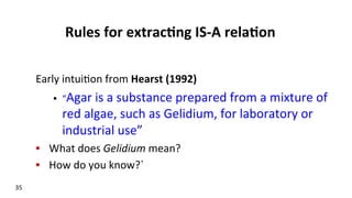 Rules	
  for	
  extrac$ng	
  IS-­‐A	
  rela$on	
  
	
  
Early	
  intui(on	
  from	
  Hearst	
  (1992)	
  	
  
•  “Agar	
  is	
  a	
  substance	
  prepared	
  from	
  a	
  mixture	
  of	
  
red	
  algae,	
  such	
  as	
  Gelidium,	
  for	
  laboratory	
  or	
  
industrial	
  use”	
  
•  What	
  does	
  Gelidium	
  mean?	
  	
  
•  How	
  do	
  you	
  know?`	
  
35	
  
 