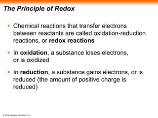 The Principle of Redox 
 Chemical reactions that transfer electrons 
between reactants are called oxidation-reduction 
reactions, or redox reactions 
 In oxidation, a substance loses electrons, 
or is oxidized 
 In reduction, a substance gains electrons, or is 
reduced (the amount of positive charge is 
reduced) 
© 2014 Pearson Education, Inc. 
 