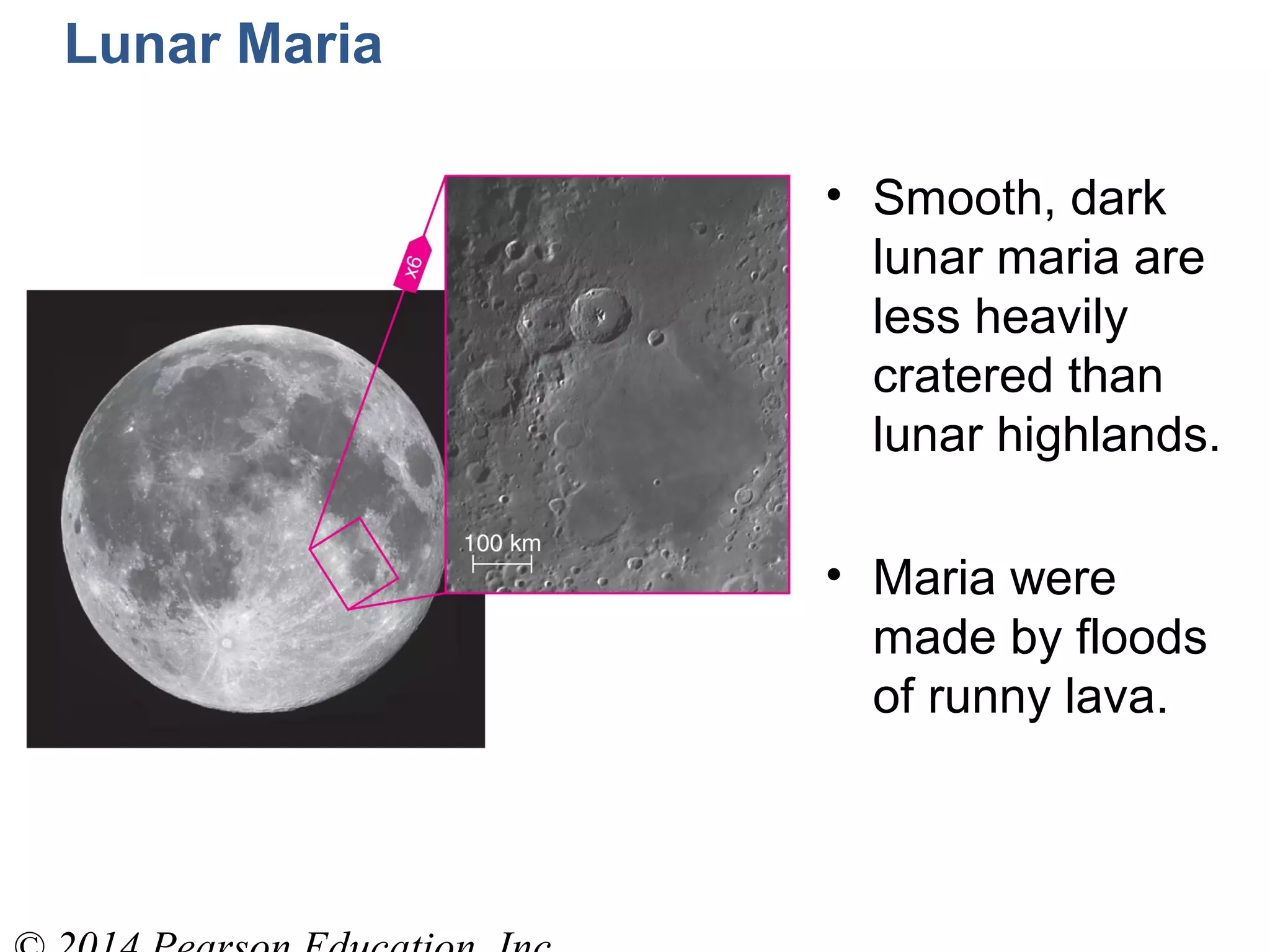 Lunar Maria
• Smooth, dark
lunar maria are
less heavily
cratered than
lunar highlands.
• Maria were
made by floods
of runny lava.
 