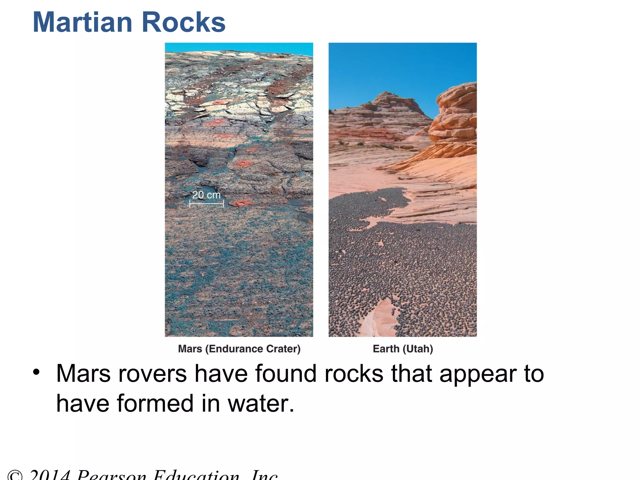 Martian Rocks
• Mars rovers have found rocks that appear to
have formed in water.
 