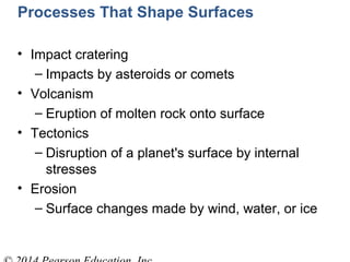 Processes That Shape Surfaces
• Impact cratering
– Impacts by asteroids or comets
• Volcanism
– Eruption of molten rock onto surface
• Tectonics
– Disruption of a planet's surface by internal
stresses
• Erosion
– Surface changes made by wind, water, or ice
 