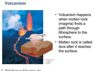 Volcanism
• Volcanism happens
when molten rock
(magma) finds a
path through
lithosphere to the
surface.
• Molten rock is called
lava after it reaches
the surface.
 