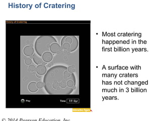 History of Cratering
• Most cratering
happened in the
first billion years.
• A surface with
many craters
has not changed
much in 3 billion
years.
 