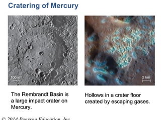 The Rembrandt Basin isThe Rembrandt Basin is
a large impact crater ona large impact crater on
Mercury.Mercury.
Hollows in a crater floorHollows in a crater floor
created by escaping gases.created by escaping gases.
Cratering of Mercury
 
