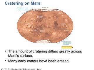 • The amount of cratering differs greatly across
Mars's surface.
• Many early craters have been erased.
Cratering on Mars
 