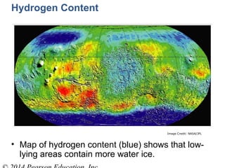 Image Credit: NASA/JPL
Hydrogen Content
• Map of hydrogen content (blue) shows that low-
lying areas contain more water ice.
 