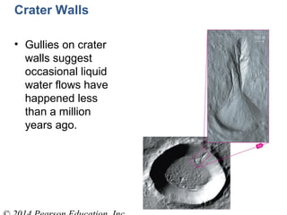 Crater Walls
• Gullies on crater
walls suggest
occasional liquid
water flows have
happened less
than a million
years ago.
 