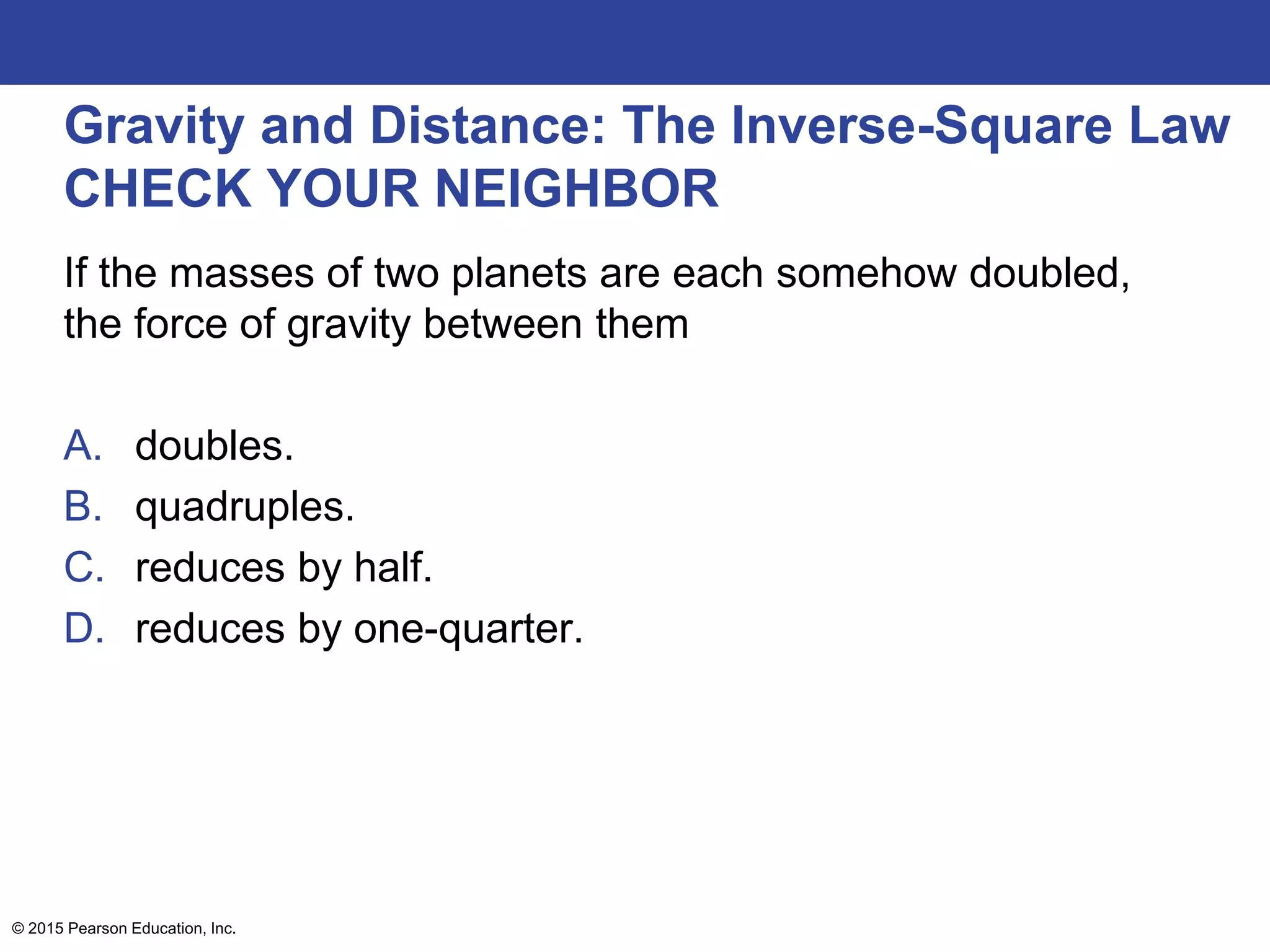 Gravity and Distance: The Inverse-Square Law
CHECK YOUR NEIGHBOR
If the masses of two planets are each somehow doubled,
the force of gravity between them
A. doubles.
B. quadruples.
C. reduces by half.
D. reduces by one-quarter.
© 2015 Pearson Education, Inc.
 