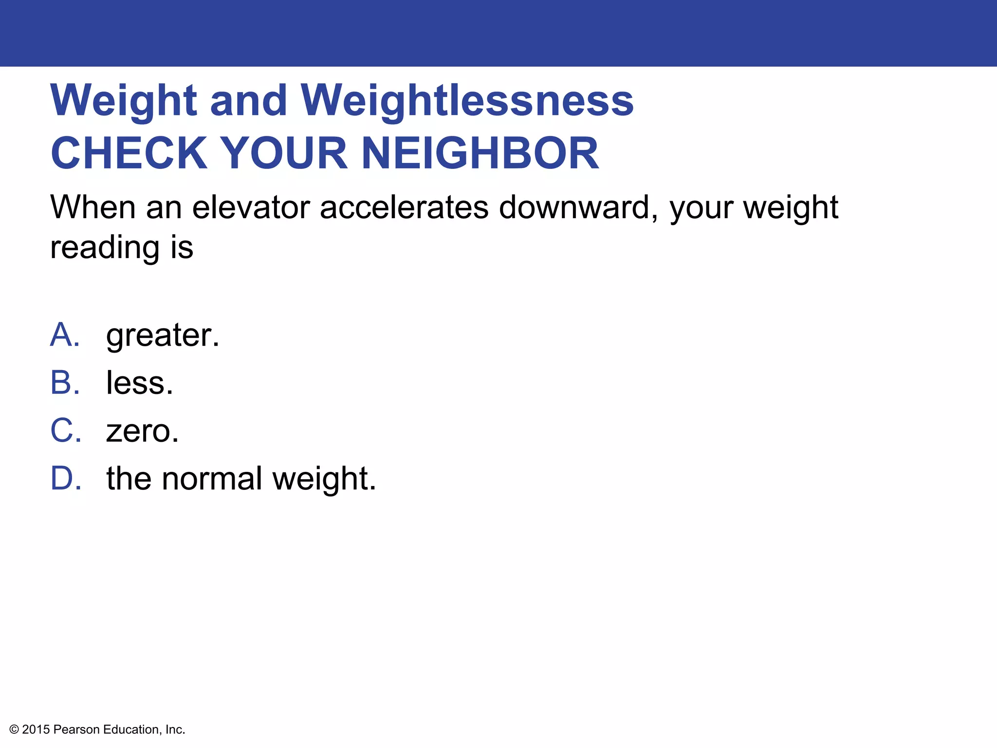 Weight and Weightlessness
CHECK YOUR NEIGHBOR
When an elevator accelerates downward, your weight
reading is
A. greater.
B. less.
C. zero.
D. the normal weight.
© 2015 Pearson Education, Inc.
 