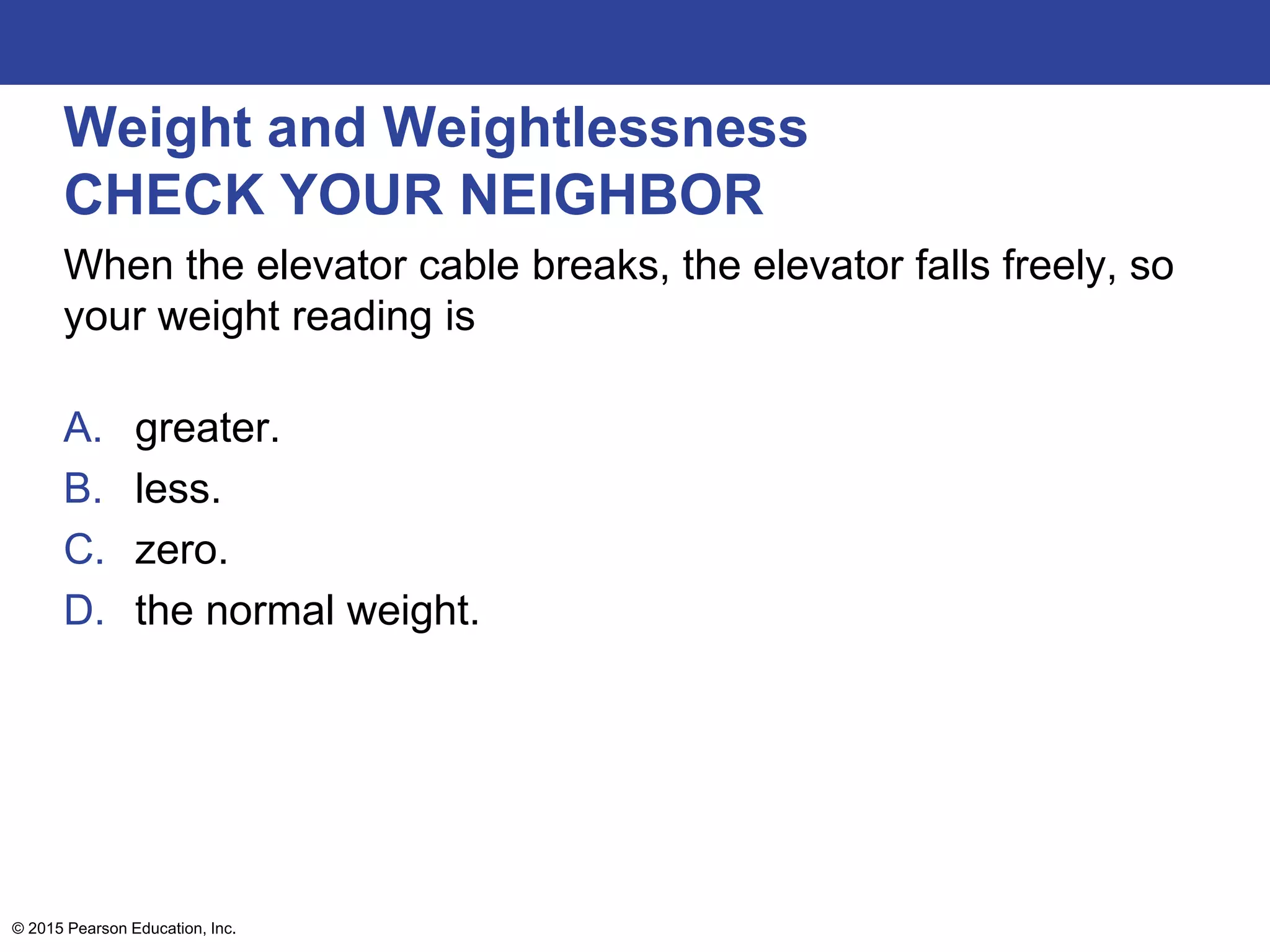 Weight and Weightlessness
CHECK YOUR NEIGHBOR
When the elevator cable breaks, the elevator falls freely, so
your weight reading is
A. greater.
B. less.
C. zero.
D. the normal weight.
© 2015 Pearson Education, Inc.
 