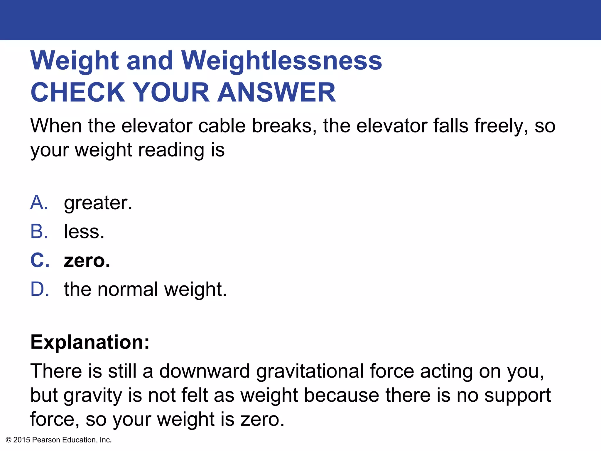 Weight and Weightlessness
CHECK YOUR ANSWER
When the elevator cable breaks, the elevator falls freely, so
your weight reading is
A. greater.
B. less.
C. zero.
D. the normal weight.
Explanation:
There is still a downward gravitational force acting on you,
but gravity is not felt as weight because there is no support
force, so your weight is zero.
© 2015 Pearson Education, Inc.
 