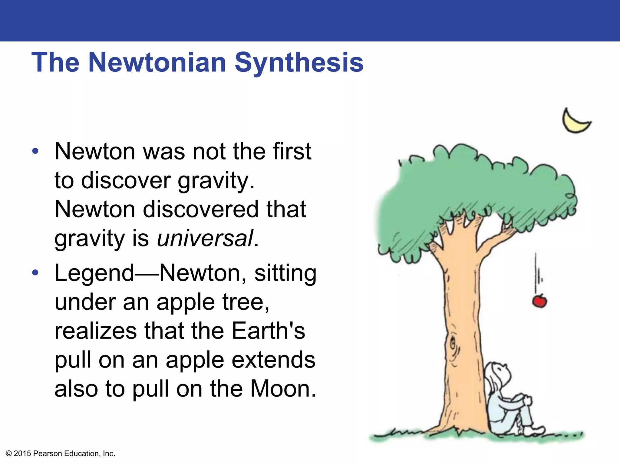 The Newtonian Synthesis
• Newton was not the first
to discover gravity.
Newton discovered that
gravity is universal.
• Legend—Newton, sitting
under an apple tree,
realizes that the Earth's
pull on an apple extends
also to pull on the Moon.
© 2015 Pearson Education, Inc.
 