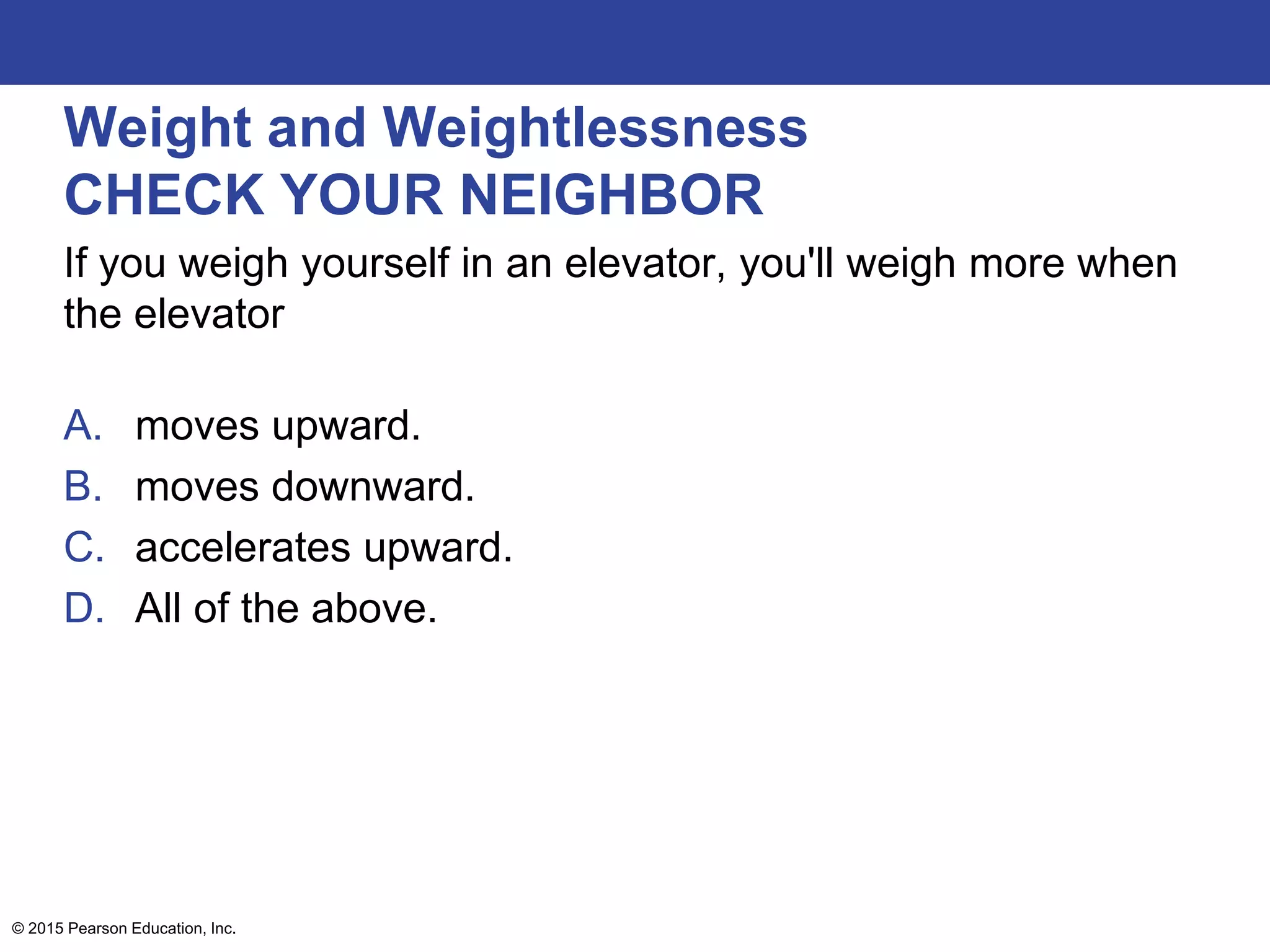 Weight and Weightlessness
CHECK YOUR NEIGHBOR
If you weigh yourself in an elevator, you'll weigh more when
the elevator
A. moves upward.
B. moves downward.
C. accelerates upward.
D. All of the above.
© 2015 Pearson Education, Inc.
 