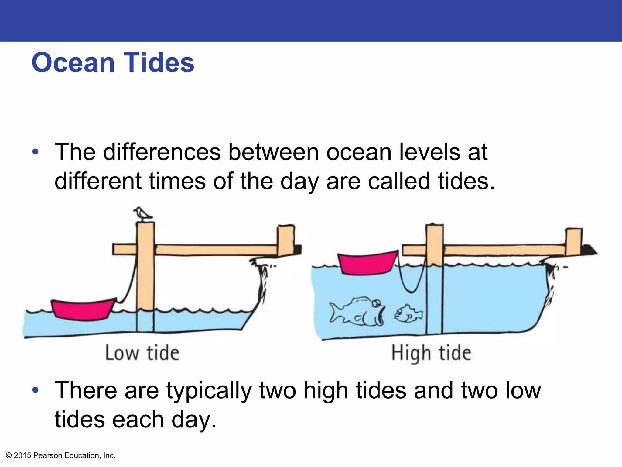 Ocean Tides
• The differences between ocean levels at
different times of the day are called tides.
• There are typically two high tides and two low
tides each day.
© 2015 Pearson Education, Inc.
 
