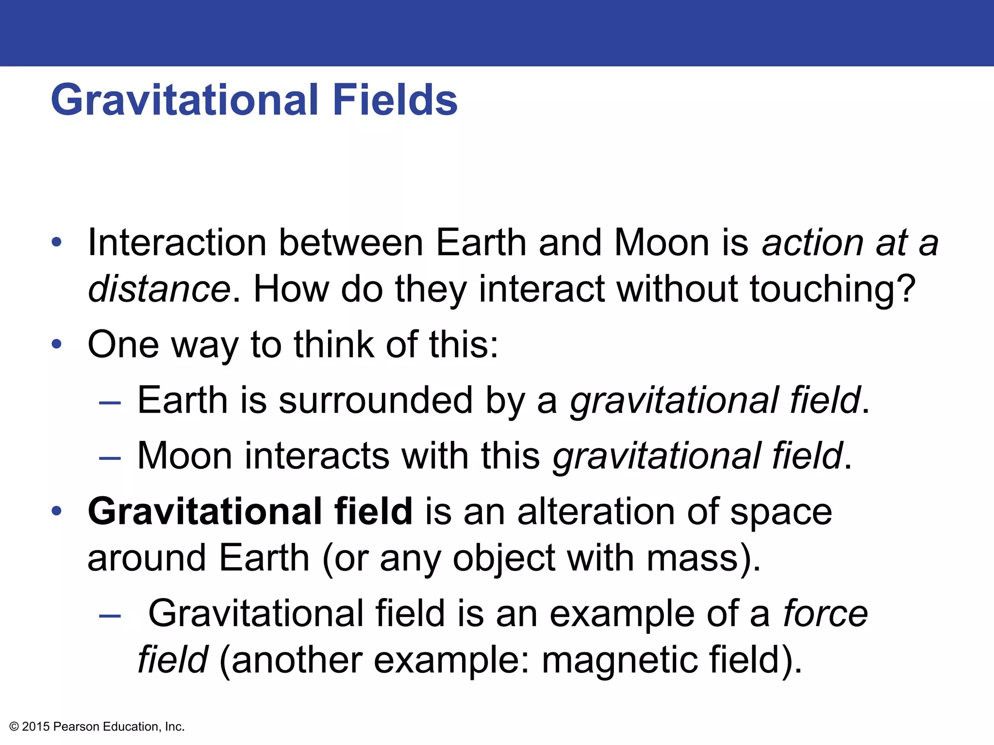 Gravitational Fields
• Interaction between Earth and Moon is action at a
distance. How do they interact without touching?
• One way to think of this:
– Earth is surrounded by a gravitational field.
– Moon interacts with this gravitational field.
• Gravitational field is an alteration of space
around Earth (or any object with mass).
– Gravitational field is an example of a force
field (another example: magnetic field).
© 2015 Pearson Education, Inc.
 
