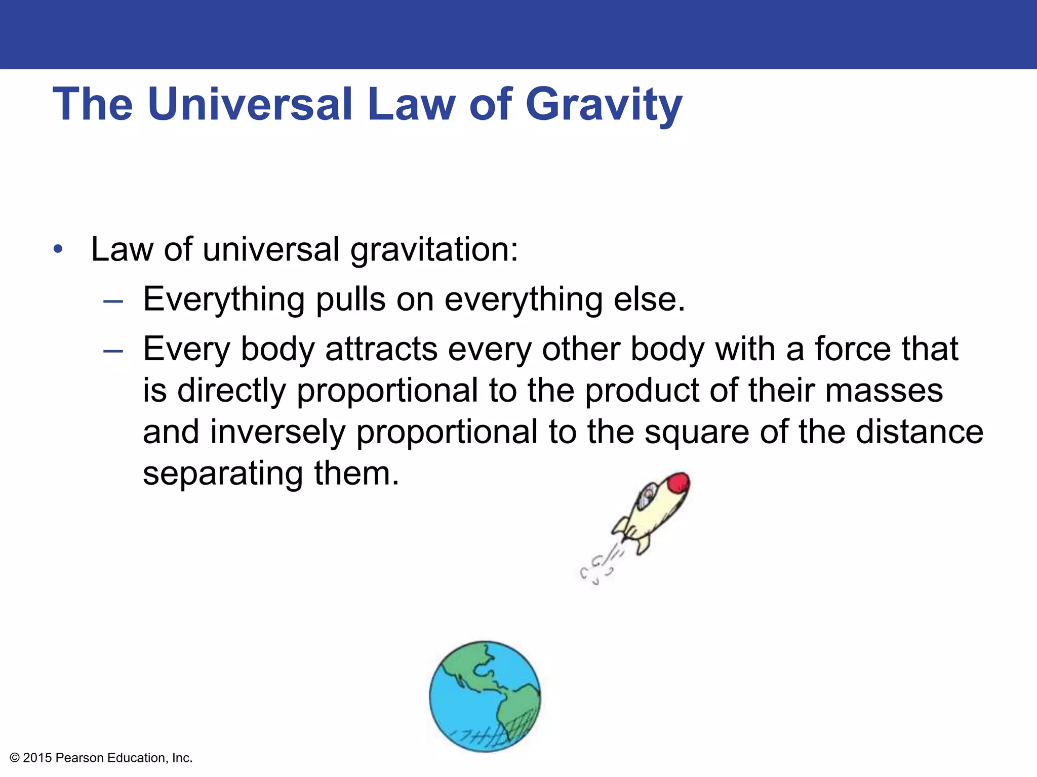 The Universal Law of Gravity
• Law of universal gravitation:
– Everything pulls on everything else.
– Every body attracts every other body with a force that
is directly proportional to the product of their masses
and inversely proportional to the square of the distance
separating them.
© 2015 Pearson Education, Inc.
 