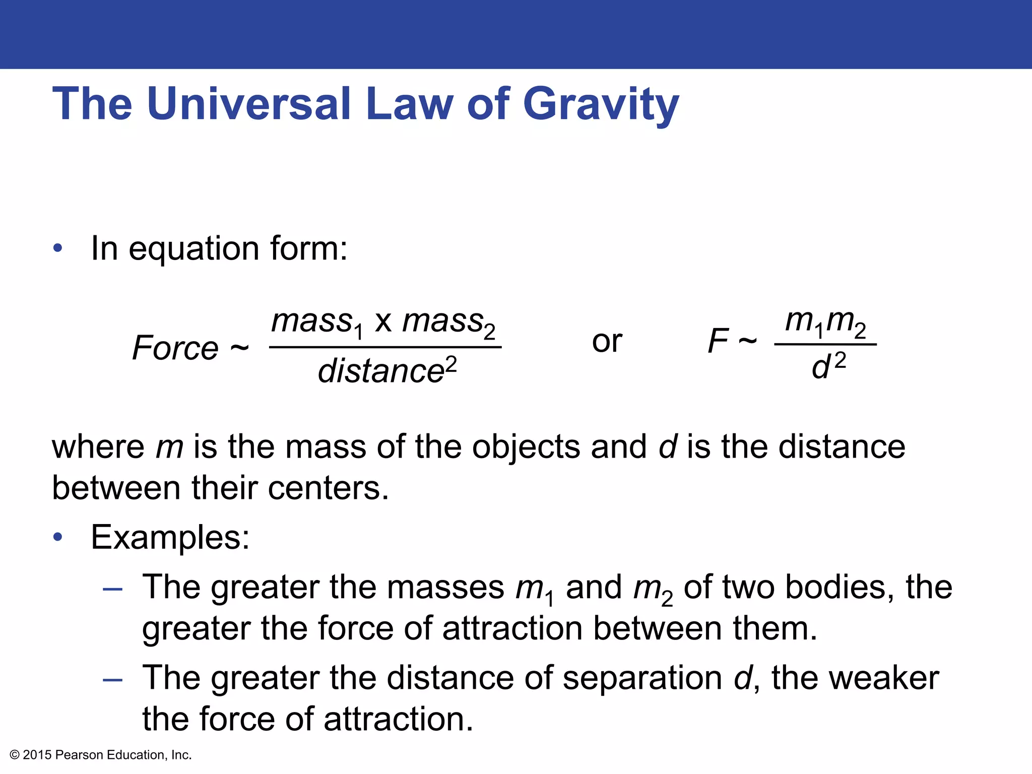 The Universal Law of Gravity
• In equation form:
where m is the mass of the objects and d is the distance
between their centers.
• Examples:
– The greater the masses m1 and m2 of two bodies, the
greater the force of attraction between them.
– The greater the distance of separation d, the weaker
the force of attraction.
distance2 d2
mass1 x mass2
Force ~ or
m1m2
F ~
© 2015 Pearson Education, Inc.
 