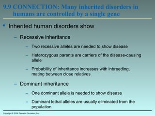 9.9 CONNECTION: Many inherited disorders in
humans are controlled by a single gene
 Inherited human disorders show
– Recessive inheritance
– Two recessive alleles are needed to show disease
– Heterozygous parents are carriers of the disease-causing
allele
– Probability of inheritance increases with inbreeding,
mating between close relatives
– Dominant inheritance
– One dominant allele is needed to show disease
– Dominant lethal alleles are usually eliminated from the
population
Copyright © 2009 Pearson Education, Inc.
 