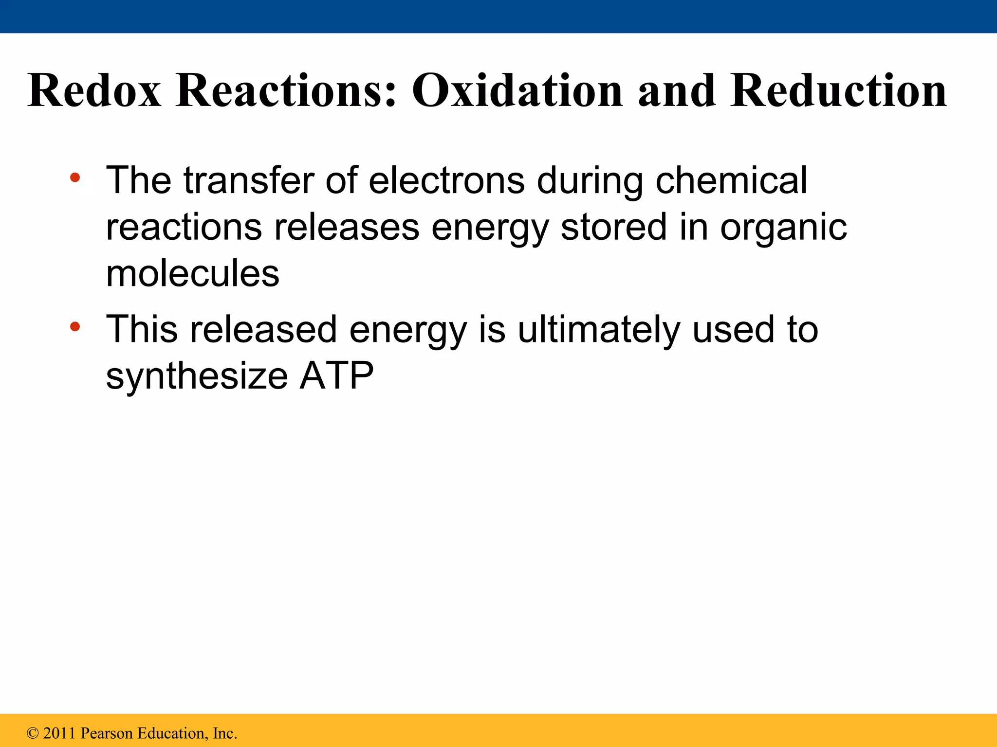 Redox Reactions: Oxidation and Reduction
     • The transfer of electrons during chemical
       reactions releases energy stored in organic
       molecules
     • This released energy is ultimately used to
       synthesize ATP




© 2011 Pearson Education, Inc.
 