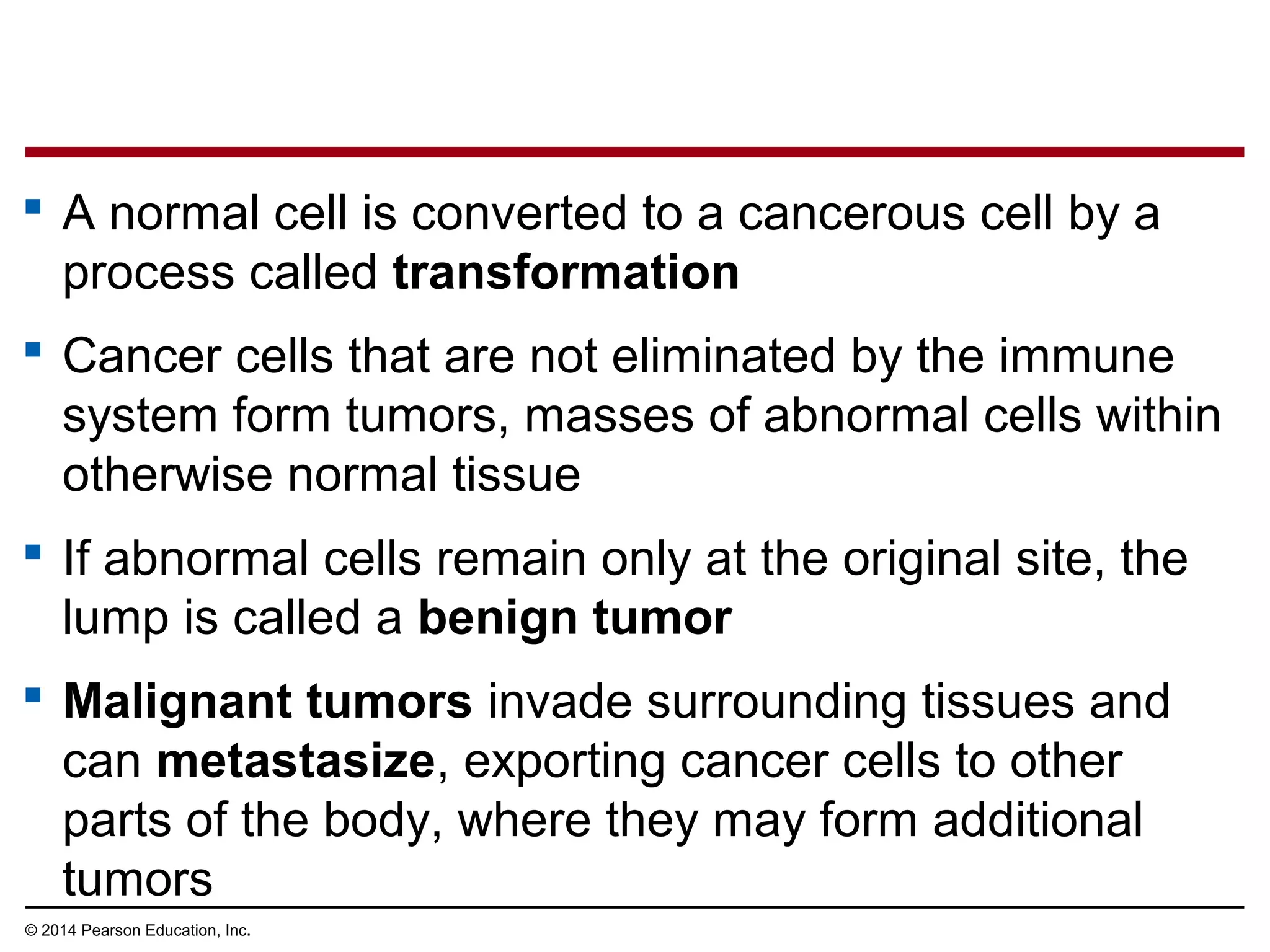  A normal cell is converted to a cancerous cell by a
process called transformation
 Cancer cells that are not eliminated by the immune
system form tumors, masses of abnormal cells within
otherwise normal tissue
 If abnormal cells remain only at the original site, the
lump is called a benign tumor
 Malignant tumors invade surrounding tissues and
can metastasize, exporting cancer cells to other
parts of the body, where they may form additional
tumors
© 2014 Pearson Education, Inc.
 