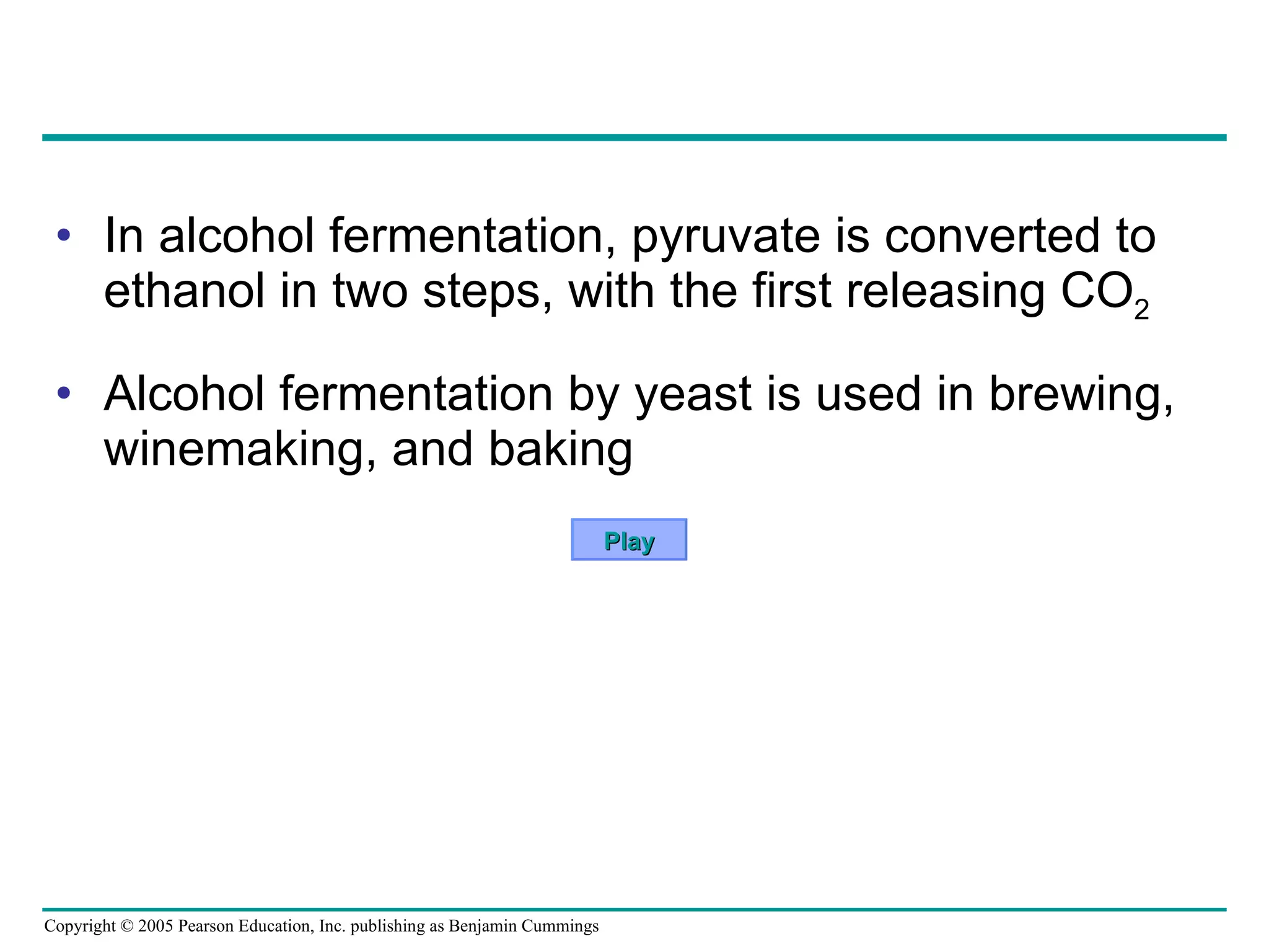 In alcohol fermentation, pyruvate is converted to ethanol in two steps, with the first releasing CO 2 Alcohol fermentation by yeast is used in brewing, winemaking, and baking Play 