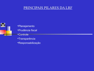 PRINCIPAIS PILARES DA LRF



Planejamento
➔



Prudência fiscal
➔



Controle
➔



Transparência
➔



Responsabilização
➔
 