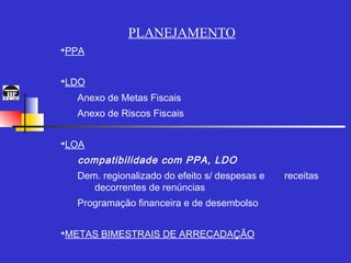 PLANEJAMENTO
PPA
➔




LDO
➔



    Anexo de Metas Fiscais
    Anexo de Riscos Fiscais


LOA
➔



    compatibilidade com PPA, LDO
    Dem. regionalizado do efeito s/ despesas e   receitas
       decorrentes de renúncias
    Programação financeira e de desembolso


METAS BIMESTRAIS DE ARRECADAÇÃO
➔
 