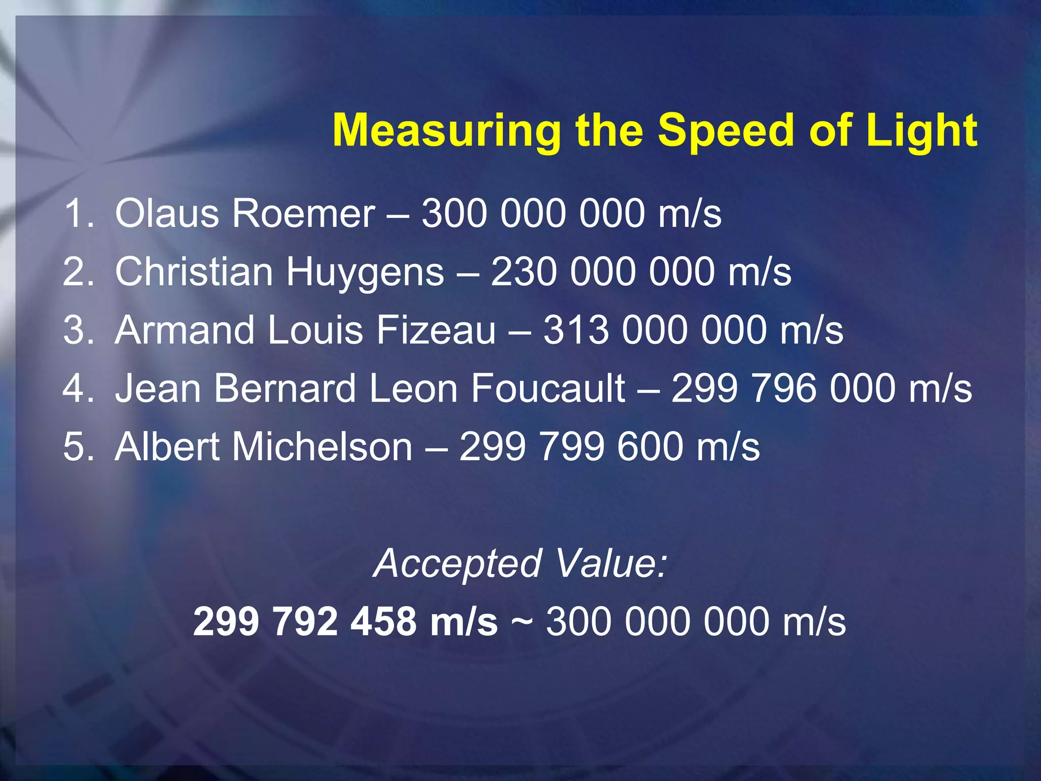 Measuring the Speed of Light
1.
2.
3.
4.
5.

Olaus Roemer – 300 000 000 m/s
Christian Huygens – 230 000 000 m/s
Armand Louis Fizeau – 313 000 000 m/s
Jean Bernard Leon Foucault – 299 796 000 m/s
Albert Michelson – 299 799 600 m/s
Accepted Value:
299 792 458 m/s ~ 300 000 000 m/s

 