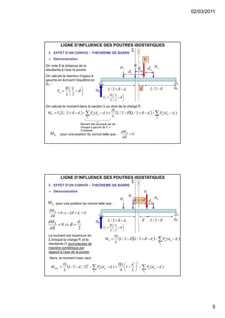 02/03/2011
5
LIGNE D’INFLUENCE DES POUTRES ISOSTATIQUES
3 EFFET D’UN CONVOI – THEOREME DE BARRE
Démonstration






−
Π
= δ
2
0
L
L
V
On note δ la distance de la
résultante à l’axe la poutre.
On calcule la réaction d’appui à
gauche en écrivant l’équilibre en
G1 :
Pn
Π
1d
P1
Pi
id nd
δ δ−2/LidL −+δ2/
Σ
G0
G1






−
Π
= δ
2
0
L
L
V
On calcule le moment dans la section Σ au droit de la charge Pi
( ) ( )( ) )(2/2/)(2/0 ig
P
giig
P
gi ddPdLL
L
ddPdLVM
gg
−−−+−
Π
=−−−+= ∑∑Σ δδδ
Moment des provoqué par les
charges à gauche de Pi =
Constante
ΣM pour une position du convoi telle que : 0=Σ
δd
dM
LIGNE D’INFLUENCE DES POUTRES ISOSTATIQUES
3 EFFET D’UN CONVOI – THEOREME DE BARRE
Démonstration






−
Π
= δ
2
0
L
L
V
Pn
Π
P1
Pi
δ2=id
nd
δ δ−2/LidL −+δ2/
Σ
G0
G1
ΣM pour une position du convoi telle que :
020 =+−⇒=Σ
id
d
dM
δ
δ
( )( ) )(2/2/ ig
P
gi ddPdLL
L
M
g
−−−+−
Π
= ∑Σ δδ
2
0 id
d
dM
=⇒=Σ
δ
δ
Le moment est maximum en
Σ lorsque la charge Pi et la
résultante Π sont placées de
manière symétrique par
rapport à l’axe de la poutre.
Alors, le moment maxi vaut :
( ) )(1
4
)(2/2/
2
2
max ig
P
g
i
ig
P
gi ddP
L
dL
ddPdL
L
M
gg
−−





−
Π
=−−−
Π
= ∑∑
 