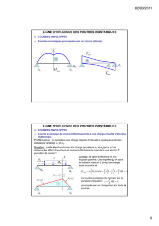 02/03/2011
8
LIGNE D’INFLUENCE DES POUTRES ISOSTATIQUES
4 COURBES ENVELOPPES
Courbes enveloppes provoquées par un convoi (allures)
G0 G1envM
+
G0
-
−
envT
G1
+
+
envT
LIGNE D’INFLUENCE DES POUTRES ISOSTATIQUES
4 COURBES ENVELOPPES
Courbe enveloppe du moment fléchissant dû à une charge répartie d’étendue
quelconque
Problématique : on considère une charge répartie d’intensité p appliquée entre les
abscisses variables α1 et α2.
Question : quelle étendue donner à la charge (ie valeurs α1 et α2) pour qu’on
obtienne les efforts tranchants et moments fléchissants maxi dans une section Σ
puis dans la poutre ?
G0
G1
1α
2α
p
G0 G1






−=Σ
L
x
xM 1max,
+
)( 1αΣM
)( nM αΣ
Σ Constat : la ligne d’influence MΣ est
toujours positive. Cela signifie qu’on aura
le moment maxi en Σ lorsqu’on charge
toute la poutre et
( )xLx
p
L
L
x
x
p
dMpM
L
−=





−== ∫ ΣΣ
2
1
2
)(
0
max, αα
La courbe enveloppe du moment est la
parabole d’équation
provoquée par un chargement sur toute la
poutree.
)(
2
xLx
p
y −=
 
