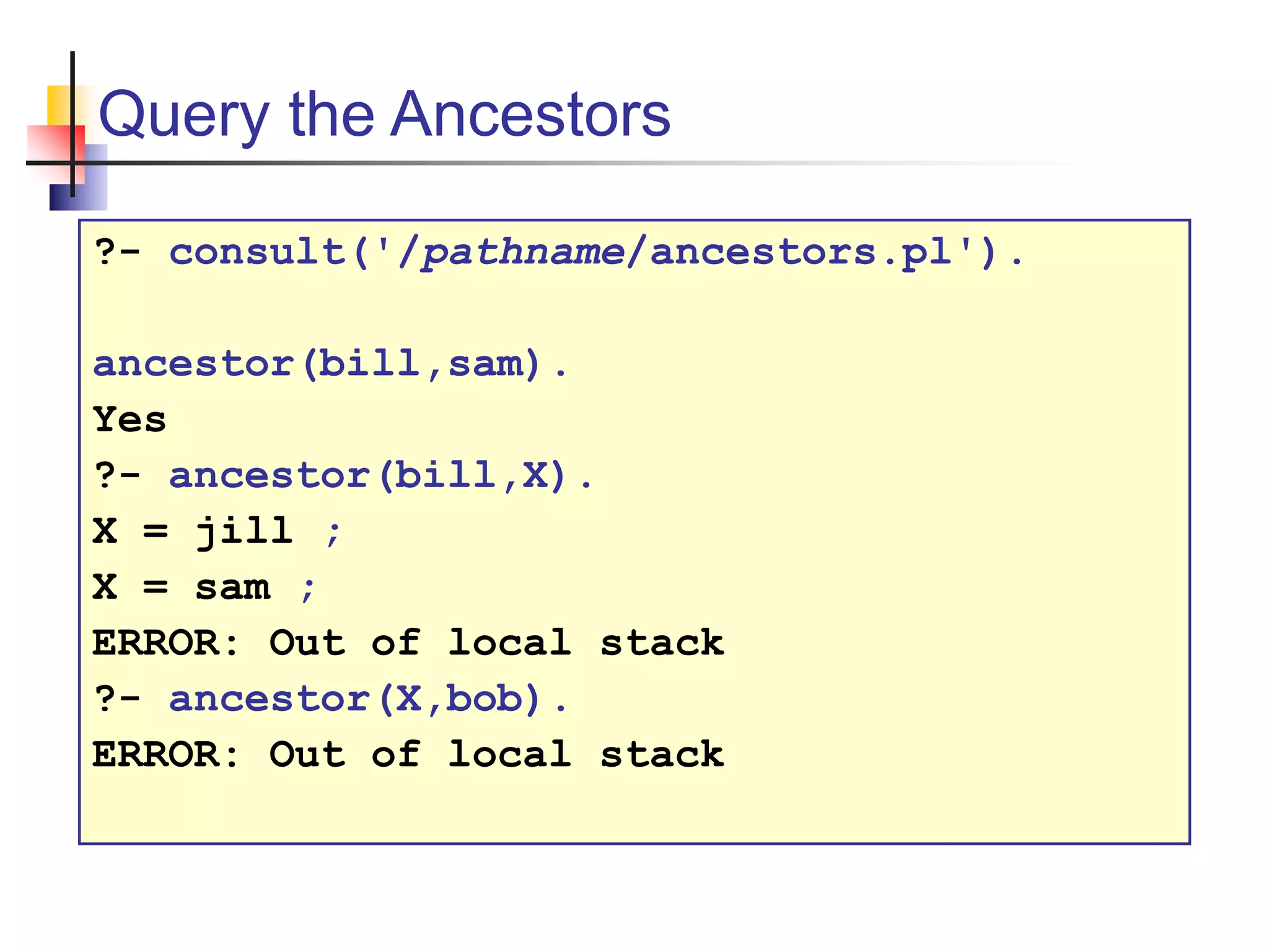 Query the Ancestors ?- consult('/pathname/ancestors.pl'). ancestor(bill,sam). Yes ?- ancestor(bill,X). X = jill ; X = sam ; ERROR: Out of local stack ?- ancestor(X,bob). ERROR: Out of local stack 