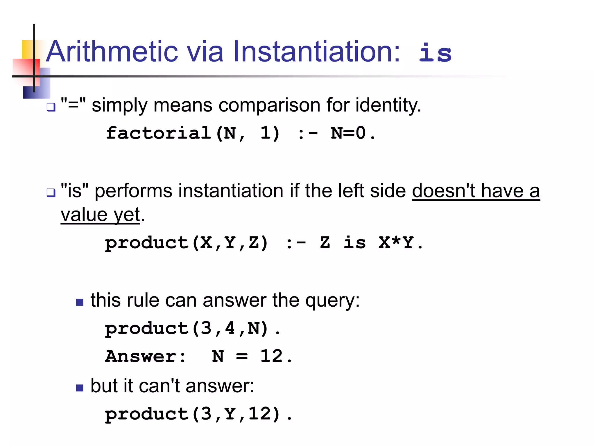 Arithmetic via Instantiation: is  "=" simply means comparison for identity. factorial(N, 1) :- N=0.  "is" performs instantiation if the left side doesn't have a value yet. product(X,Y,Z) :- Z is X*Y.  this rule can answer the query: product(3,4,N). Answer: N = 12.  but it can't answer: product(3,Y,12). 