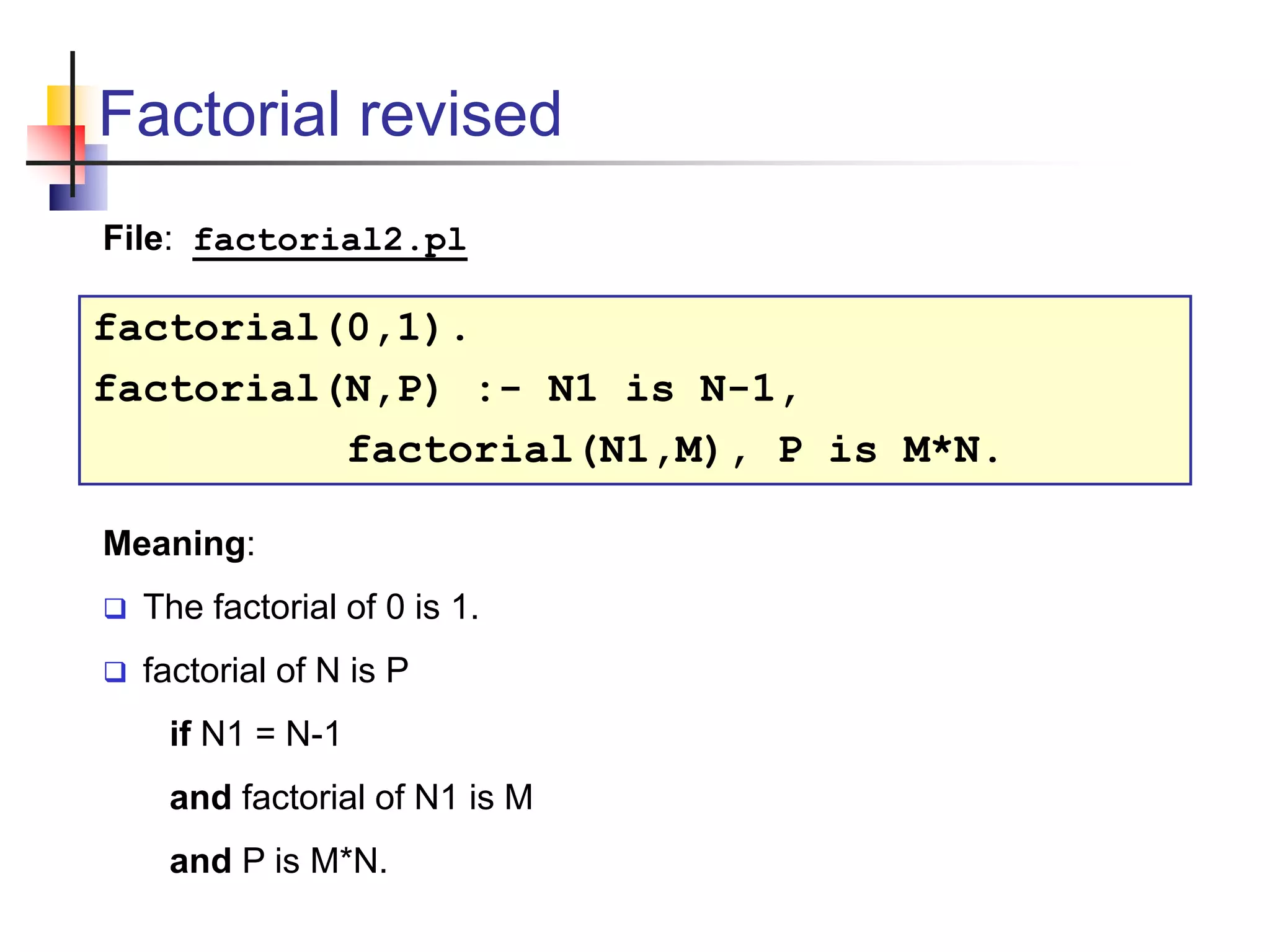 Factorial revised factorial(0,1). factorial(N,P) :- N1 is N-1, factorial(N1,M), P is M*N. Meaning:  The factorial of 0 is 1.  factorial of N is P if N1 = N-1 and factorial of N1 is M and P is M*N. File: factorial2.pl 