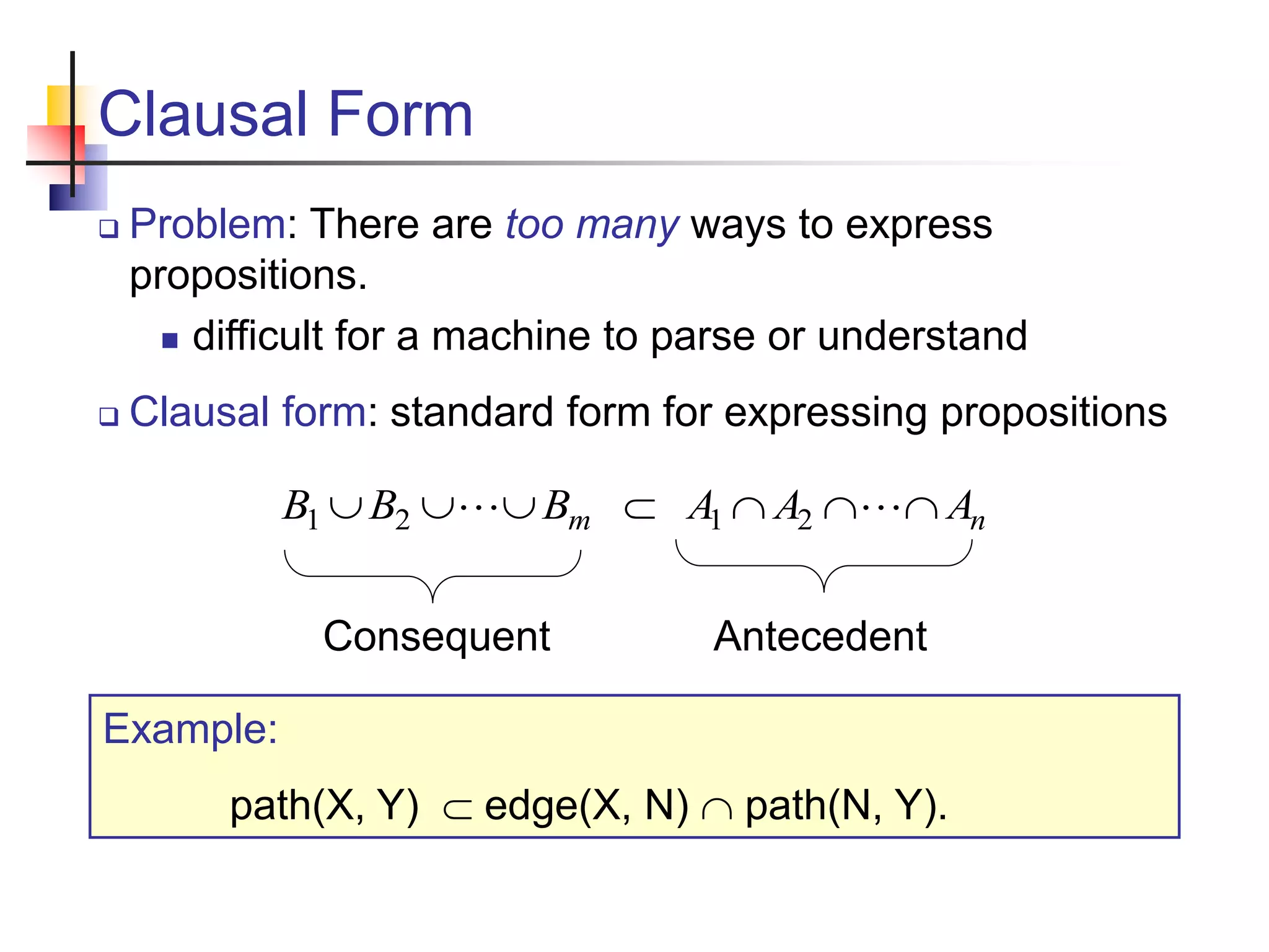 Clausal Form  Problem: There are too many ways to express propositions.  difficult for a machine to parse or understand  Clausal form: standard form for expressing propositions n m A A A B B B          2 1 2 1 Example: path(X, Y)  edge(X, N)  path(N, Y). Antecedent Consequent 