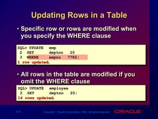 Updating Rows in a TableSpecific row or rows are modified when you specify the WHERE clause.All rows in the table are modified if you omit the WHERE clause.SQL> UPDATE emp2  SET    deptno = 203  WHERE  empno = 7782;1 row updated.SQL> UPDATE employee2  SET    deptno = 20;14 rows updated.