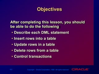ObjectivesAfter completing this lesson, you should be able to do the following:Describe each DML statementInsert rows into a tableUpdate rows in a tableDelete rows from a tableControl transactions